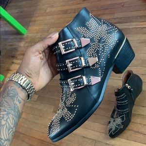 Leather studded buckle ankle boots